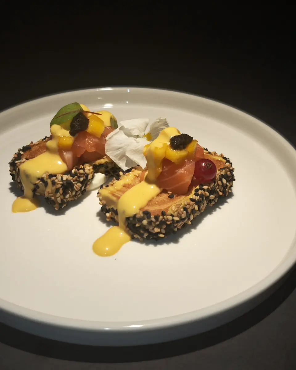 Pesce scottato in crosta di sesamo con salsa al mango