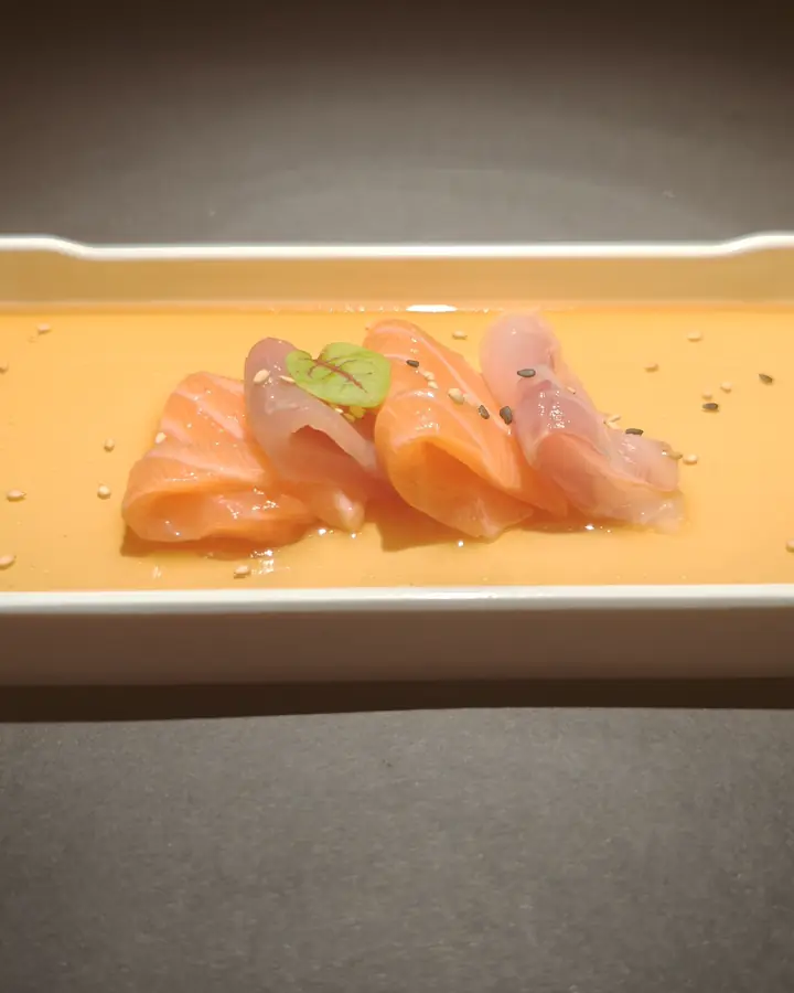 Salmone e pesce bianco crudi sul vassoio, Sea Sushi Prato